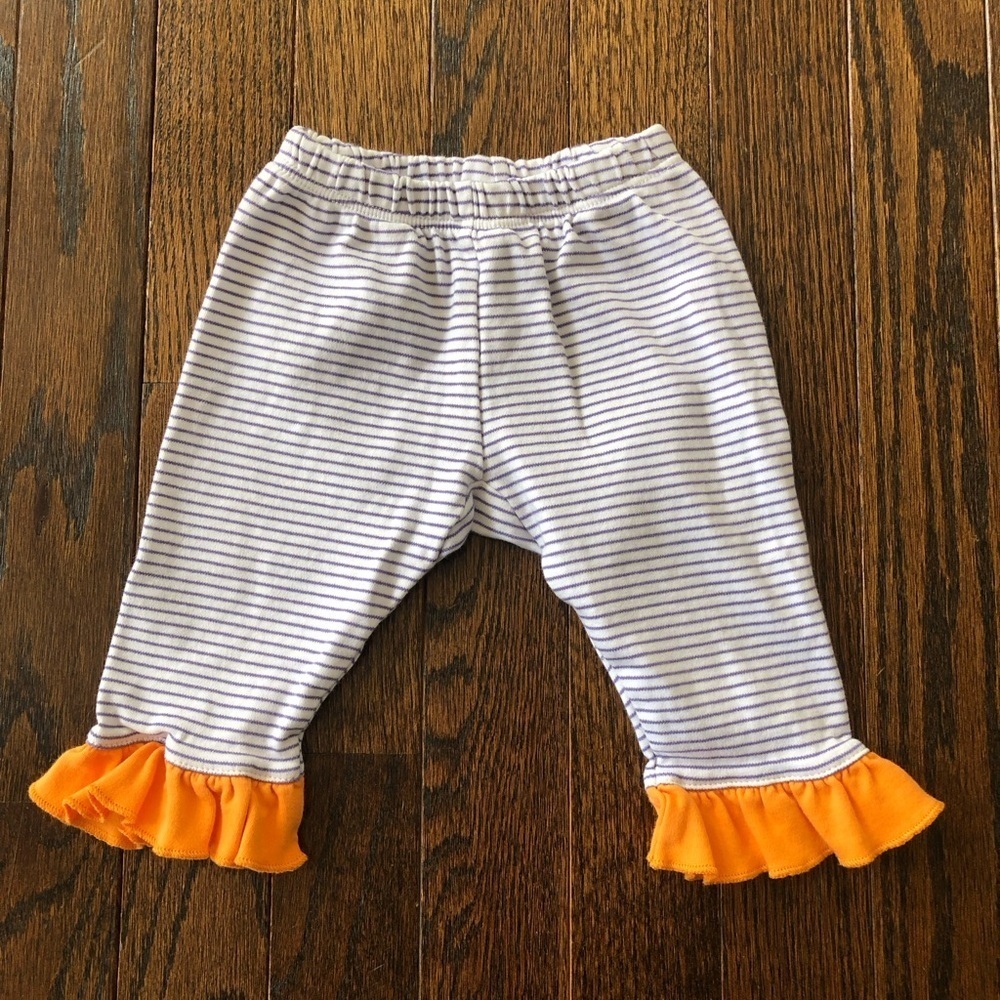 Magnolia Baby Girls 6M Purple/White Striped Orange Ruffle Pants 100% Pima Cotton